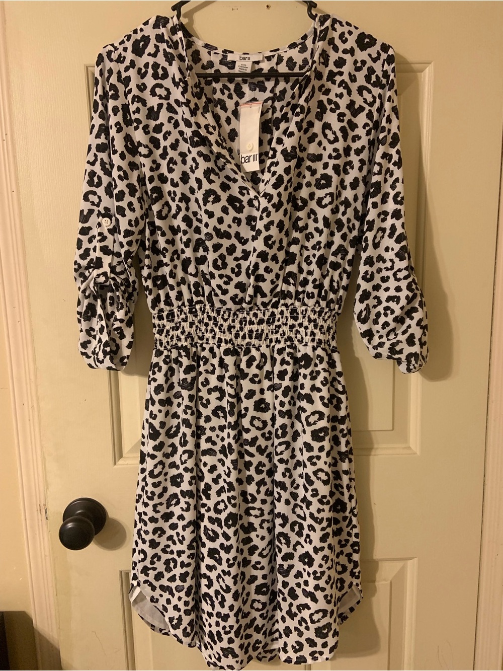Bar III Black and White Leopard-Print Shirred Waist womens Dress
